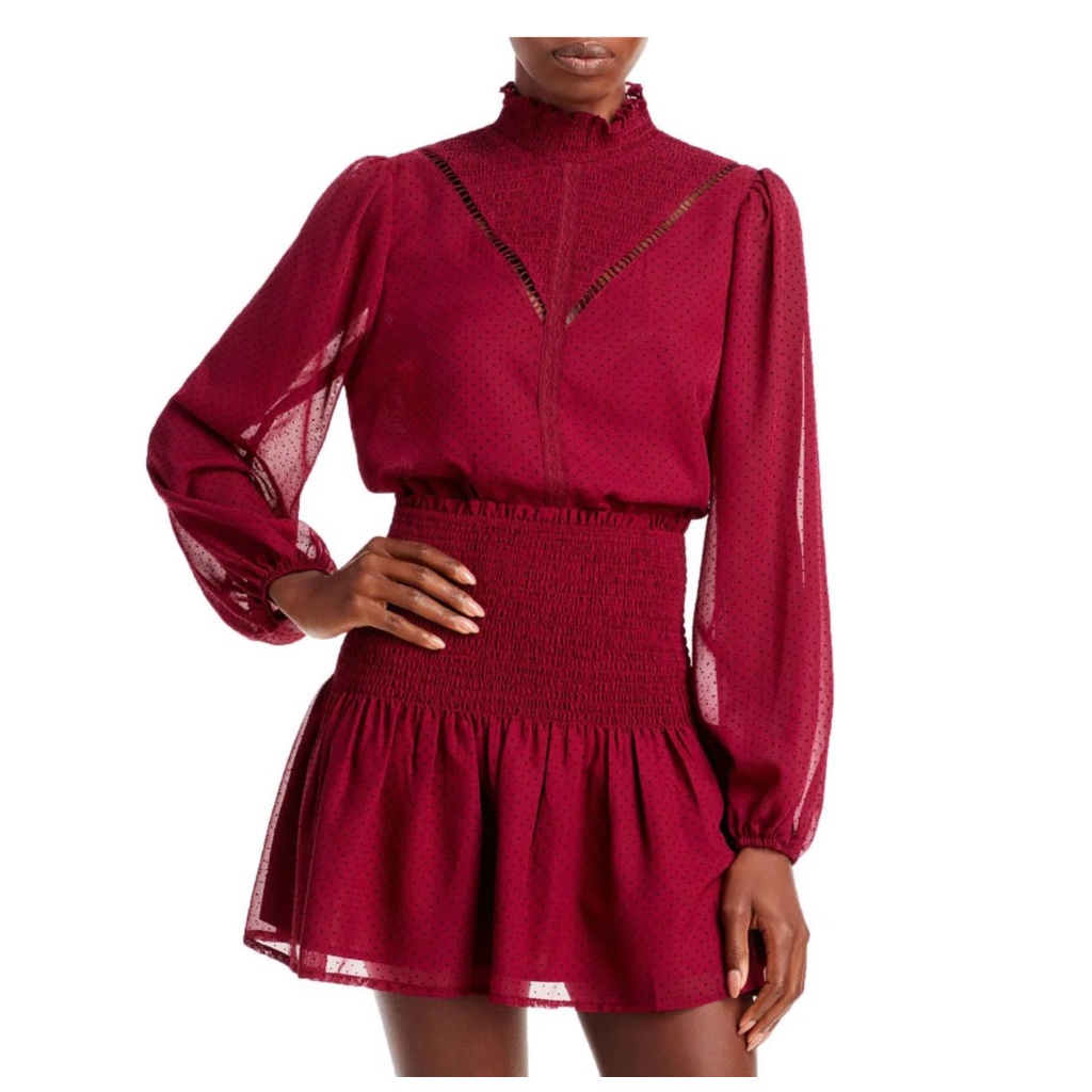 Aqua - Smocked Long Balloon Sleeves Polka Dot Print In Burgundy Nwot - (#0654)